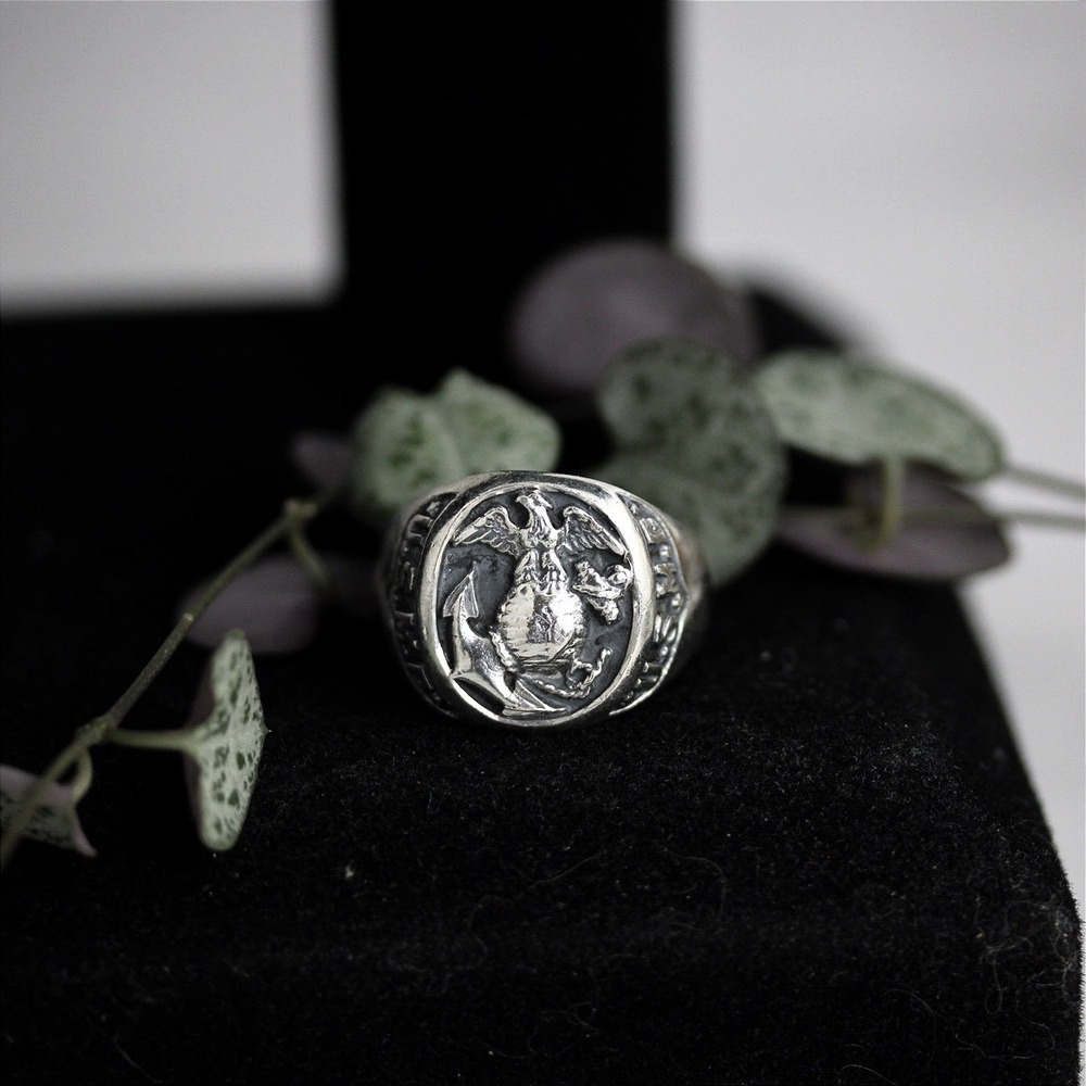 Sterling Silver USMC Marine Corps Eagle Globe Anchor Signet Ring Size 9